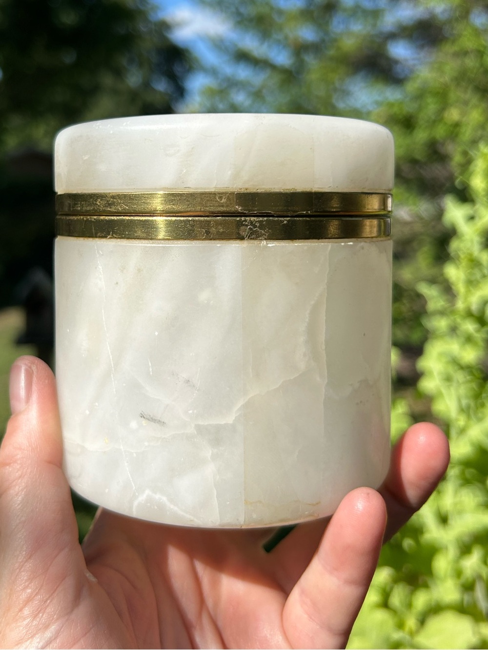 Vintage Box Italian White Alabaster Lid Jar Brass Accent Vanity MCM 4 Inch